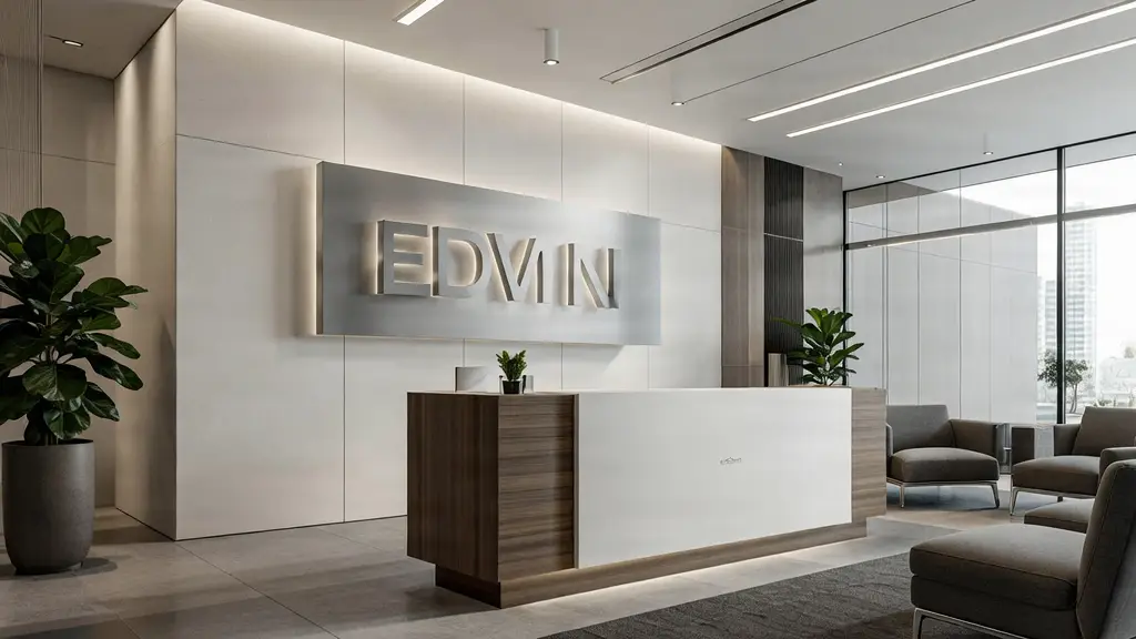 Professional interior office signage with custom branding in a modern lobby.