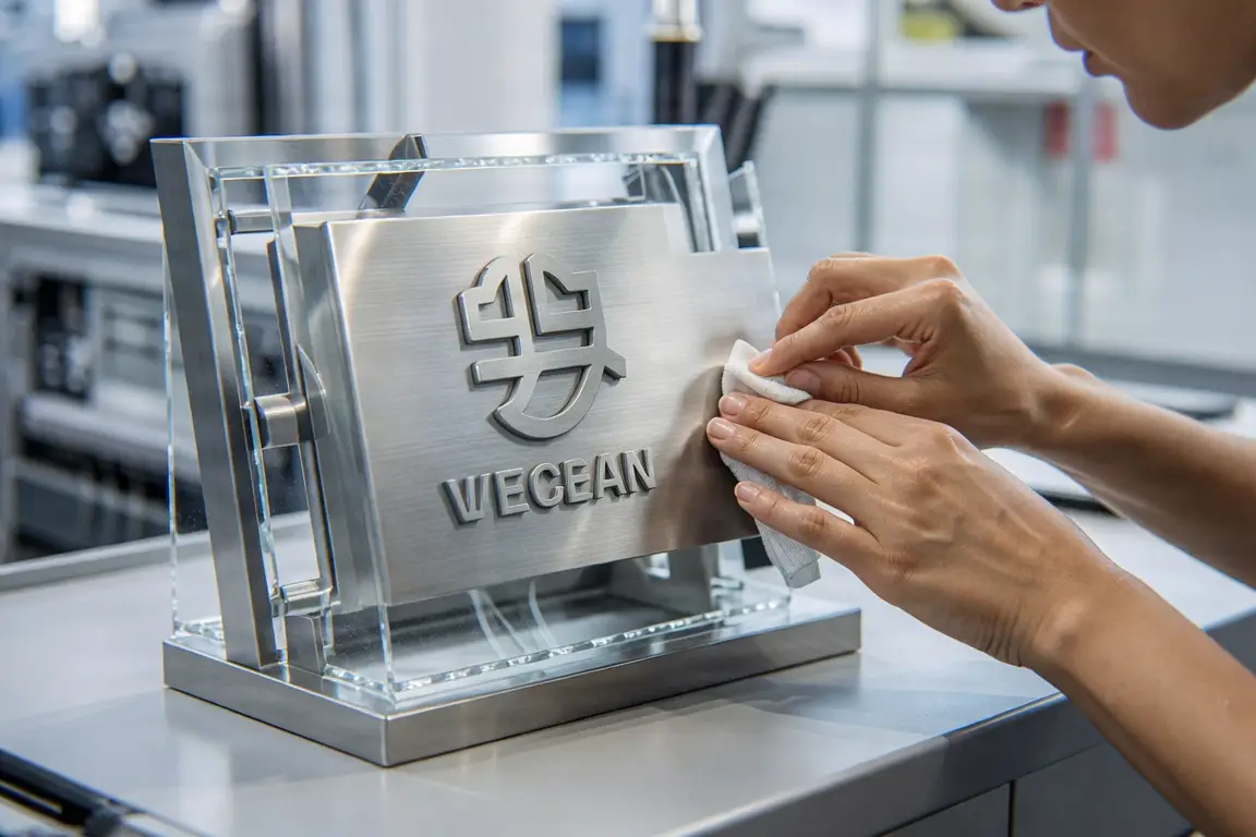 Close-up of high-quality interior office signage being produced in a clean, modern facility.