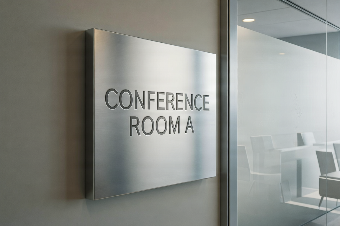 Conference room sign mounted beside glass door in a corporate office