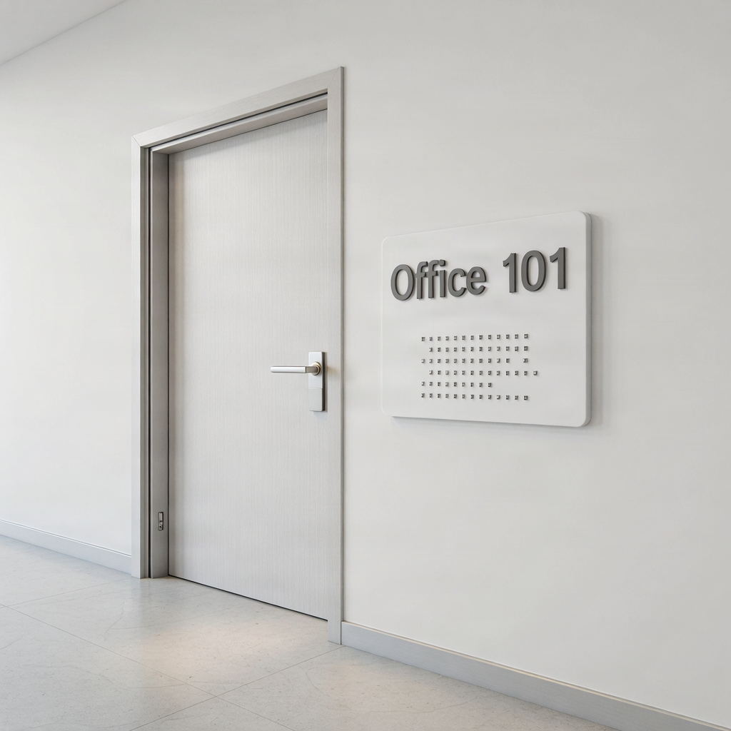 ADA compliant room identification sign with Braille beside an office door