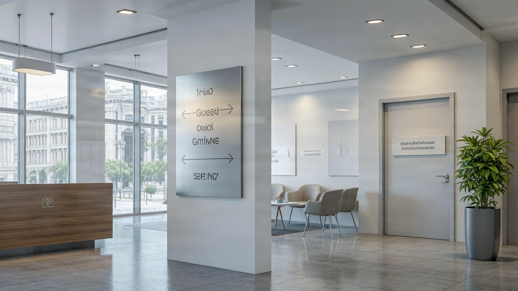 Branded office interior signage system in a professional commercial workspace