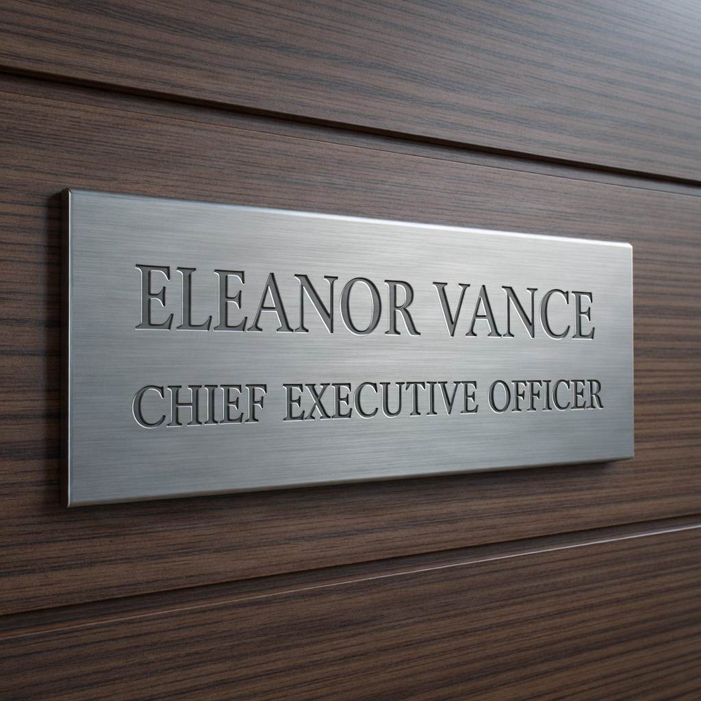 Executive office nameplate sign in an upscale corporate environment