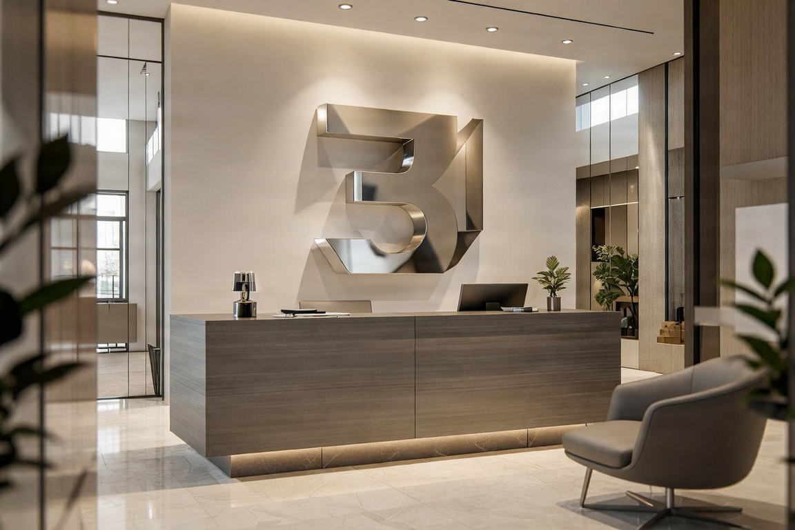 Dimensional logo sign behind a reception desk in a commercial office lobby