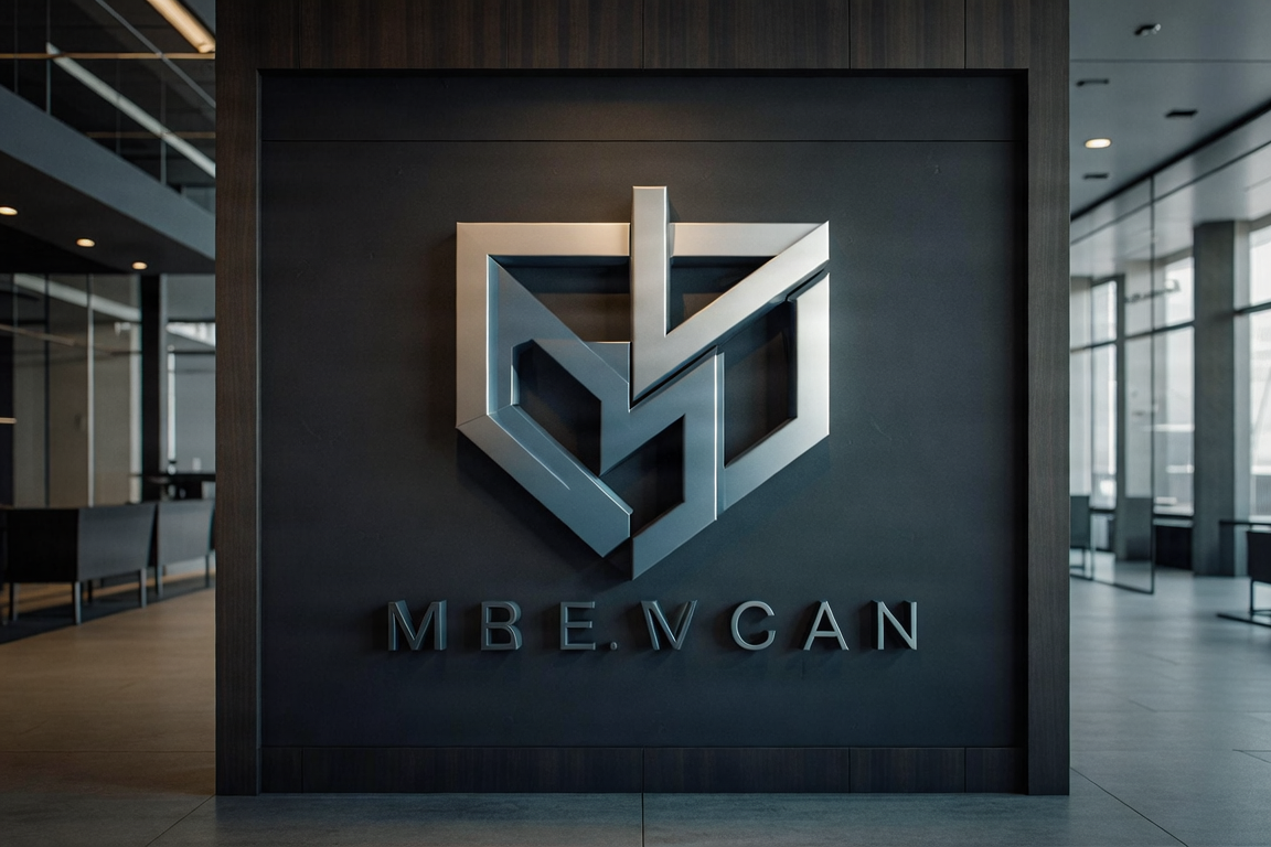 Corporate dimensional logo display on a dark accent wall in a professional office