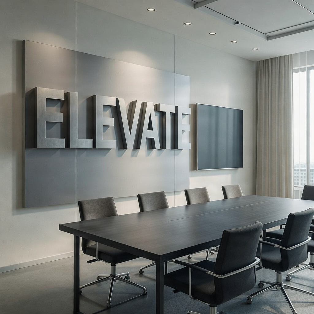 Branded dimensional wall sign in a professional office interior