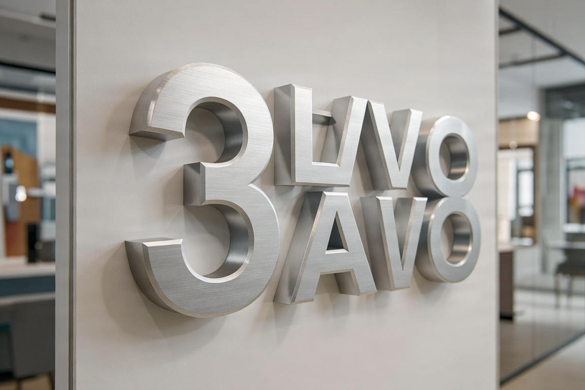 Close-up of raised 3D dimensional lettering on an interior office wall